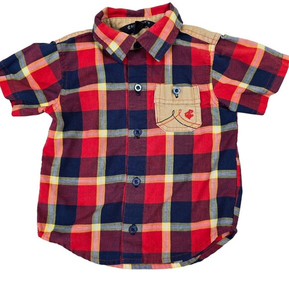 Rocawear Shirt Boys 2T Red Blue Madras Plaid Button Down Embroidered Pocket - Picture 1 of 8